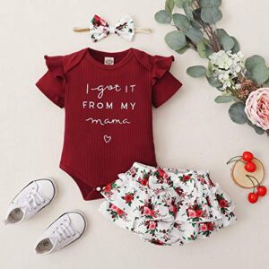 Mioglrie Newborn Baby Girl Clothes Romper Shorts Set Ruffle Infant Girl Clothes Knitted Baby Girls' Clothing Daddys Little Girl Baby Clothes Maroon Baby Clothes Girl 0-3 Months