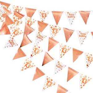 40ft rose gold 13th birthday decorations happy 13th birthday banner bunting triangle flag pennant garland for teen girls 13 year old happy birthday decor thirteen official teenager party supplies