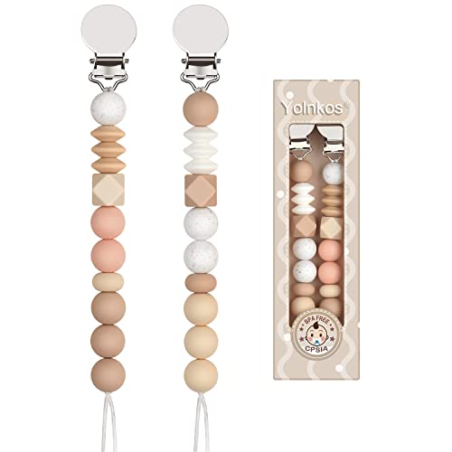 Yolnkos Pacifier Clips for Baby Boys Girls Leash Holder 2-Pack(Oatmeal.Peach)