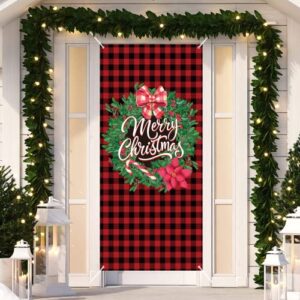 christmas welcome door cover buffalo check plaid christmas door decorations xmas backdrop background photography hanging decorations for house door bathroom winter party holiday xmas eve indoor and outdoor