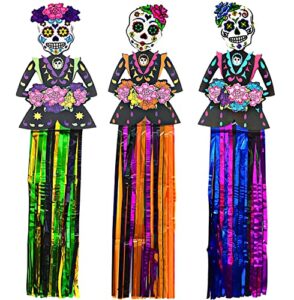 4e’s novelty 3 pack day of the dead hanging decorations, 36″ dia de los muertos decor banner (3ft tall) for party decorations home indoor outdoor supplies, halloween sugar skull decor