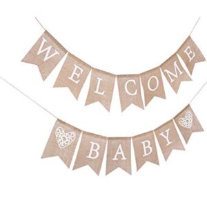 Welcome Baby for Burlap Banner - Bunting Garland for Baby Shower Party Ornament Favors, Baby Photo Prop，Baby Shower Welcome Sign (WELCOME BABY)