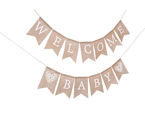 Welcome Baby for Burlap Banner - Bunting Garland for Baby Shower Party Ornament Favors, Baby Photo Prop，Baby Shower Welcome Sign (WELCOME BABY)