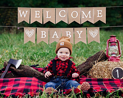 Welcome Baby for Burlap Banner - Bunting Garland for Baby Shower Party Ornament Favors, Baby Photo Prop，Baby Shower Welcome Sign (WELCOME BABY)