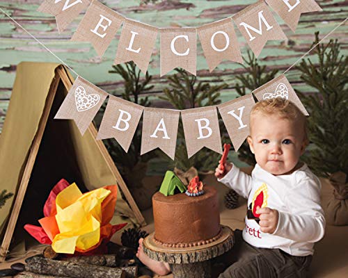 Welcome Baby for Burlap Banner - Bunting Garland for Baby Shower Party Ornament Favors, Baby Photo Prop，Baby Shower Welcome Sign (WELCOME BABY)