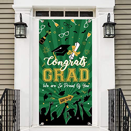 2022 Graduation Banner Party Decorations Congrats Grad Door Cover Banner Large Fabric Graduation Sign for Indoor Outdoor Photography Background(Green)