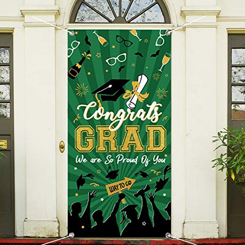 2022 Graduation Banner Party Decorations Congrats Grad Door Cover Banner Large Fabric Graduation Sign for Indoor Outdoor Photography Background(Green)