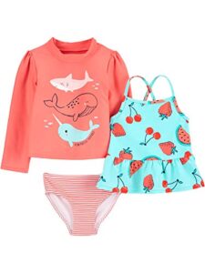 simple joys by carter’s toddler girls’ 3-piece assorted rashguard sets, rose/teal blue, strawberry/whale, 3t