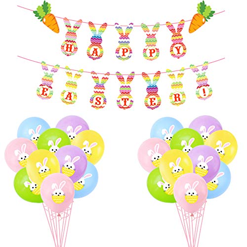 Easter Banner and Balloons Decorations, Happy Easter Bunny Banner Garland and 20 Pcs Bunny Pattern Balloons for Easter Home Decor Party Supplies (A)