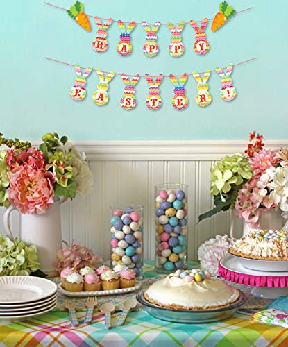 Easter Banner and Balloons Decorations, Happy Easter Bunny Banner Garland and 20 Pcs Bunny Pattern Balloons for Easter Home Decor Party Supplies (A)