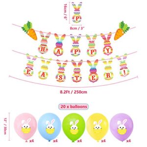 Easter Banner and Balloons Decorations, Happy Easter Bunny Banner Garland and 20 Pcs Bunny Pattern Balloons for Easter Home Decor Party Supplies (A)