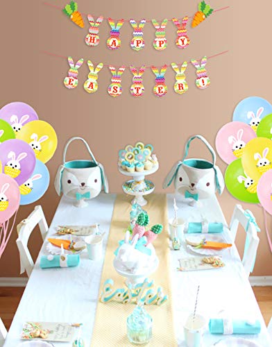 Easter Banner and Balloons Decorations, Happy Easter Bunny Banner Garland and 20 Pcs Bunny Pattern Balloons for Easter Home Decor Party Supplies (A)