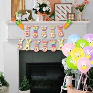 Easter Banner and Balloons Decorations, Happy Easter Bunny Banner Garland and 20 Pcs Bunny Pattern Balloons for Easter Home Decor Party Supplies (A)