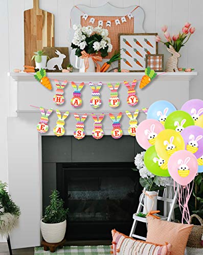 Easter Banner and Balloons Decorations, Happy Easter Bunny Banner Garland and 20 Pcs Bunny Pattern Balloons for Easter Home Decor Party Supplies (A)