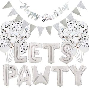 dreamcolor dog happy birthday decorations lets pawty balloon dog cat party banner (silver)