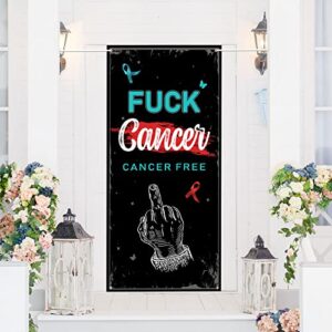 fuck cancer door banner, cancer free party door banner decorations, i kicked cancer’s ass door cover party decorations