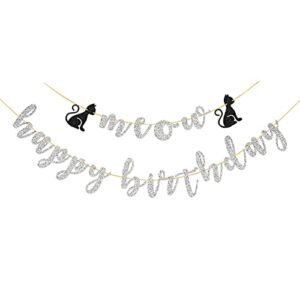 innoru cat birthday banner, cat happy birthday party banner, meow garland bunting, pet cat birthday party decoration silver glitter