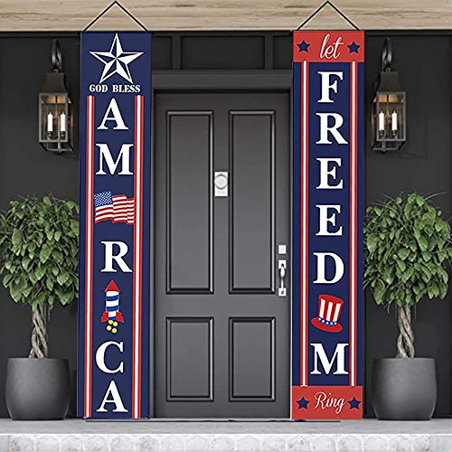 Decorations Banner Independence Day, America- Freedom, 4th of July Let Freedom Ring, Hanging Banner Flag for Front Door Yard Indoor Outdoor Party Decor, Memorial Day, 11.8 x 70.9 Inch (Blue Red)