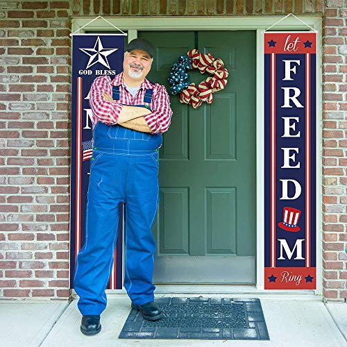 Decorations Banner Independence Day, America- Freedom, 4th of July Let Freedom Ring, Hanging Banner Flag for Front Door Yard Indoor Outdoor Party Decor, Memorial Day, 11.8 x 70.9 Inch (Blue Red)