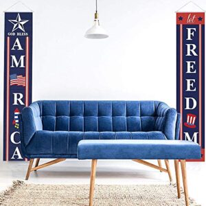 Decorations Banner Independence Day, America- Freedom, 4th of July Let Freedom Ring, Hanging Banner Flag for Front Door Yard Indoor Outdoor Party Decor, Memorial Day, 11.8 x 70.9 Inch (Blue Red)