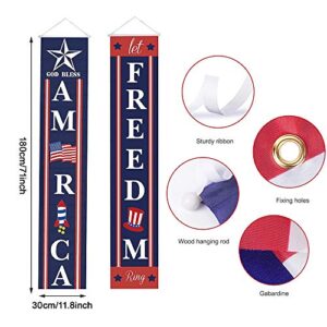 Decorations Banner Independence Day, America- Freedom, 4th of July Let Freedom Ring, Hanging Banner Flag for Front Door Yard Indoor Outdoor Party Decor, Memorial Day, 11.8 x 70.9 Inch (Blue Red)