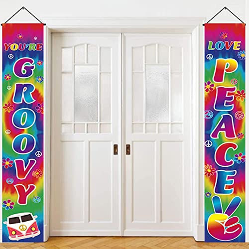 LOONELO Peace Groovy Love Porch Banner with 77x11.8inch,60's Carnival Groovy Party Decoration Banner,Retro Hippie Boho Porch Door Sign for 60's Hippie Theme Groovy Party Decorations