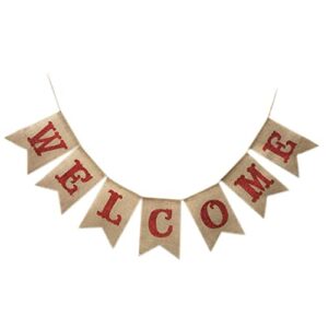 scholmart welcome banner burlap, wedding reception welcome banner, party decoration, bridal shower engagement, photo prop (welcome red)