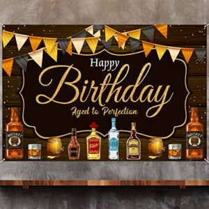 whisky birthday backdrop banner decor black – whisky cheer & beer theme aged to perfection happy birthday party decorations for men women supplies, 3.9×5.9 ft
