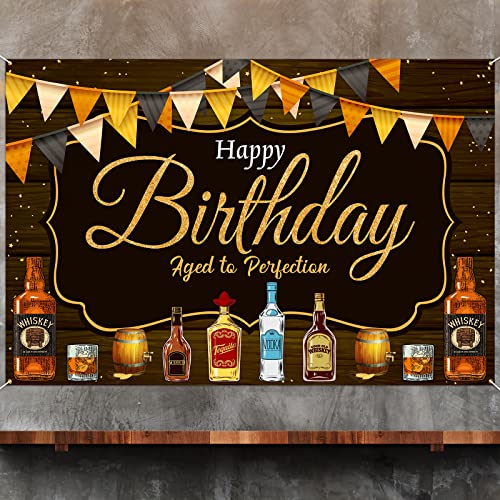 Whisky Birthday Backdrop Banner Decor Black - Whisky Cheer & Beer Theme Aged to Perfection Happy Birthday Party Decorations for Men Women Supplies, 3.9x5.9 ft