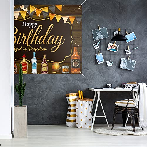 Whisky Birthday Backdrop Banner Decor Black - Whisky Cheer & Beer Theme Aged to Perfection Happy Birthday Party Decorations for Men Women Supplies, 3.9x5.9 ft