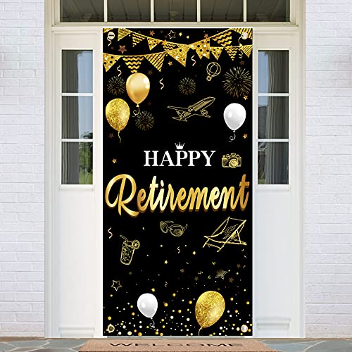Happy Retirement Party Door Banner Decorations, Gold Black Retired Door Cover Party Supplies for Women Men, Retirement Photos Booth Backdrops Party Door Decor Sign