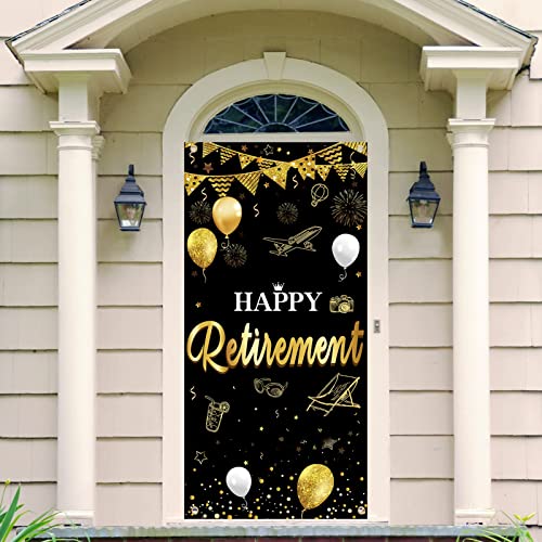 Happy Retirement Party Door Banner Decorations, Gold Black Retired Door Cover Party Supplies for Women Men, Retirement Photos Booth Backdrops Party Door Decor Sign