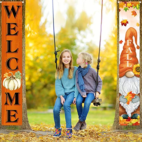 Welcome Fall Porch Banners Autumn Harvest Door Banner with Pumpkin Maple Leaves Gnome Pattern Thanksgiving Hanging Banners Autumn Home Decorations for Fall Indoor Outdoor Home Yard Wall Supplies