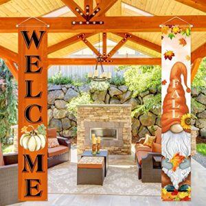 Welcome Fall Porch Banners Autumn Harvest Door Banner with Pumpkin Maple Leaves Gnome Pattern Thanksgiving Hanging Banners Autumn Home Decorations for Fall Indoor Outdoor Home Yard Wall Supplies