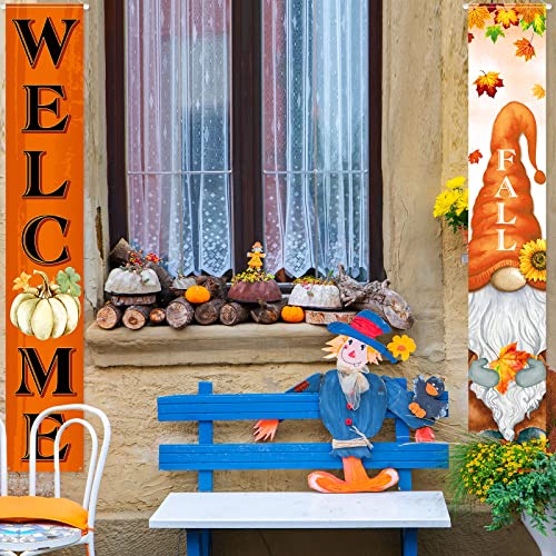 Welcome Fall Porch Banners Autumn Harvest Door Banner with Pumpkin Maple Leaves Gnome Pattern Thanksgiving Hanging Banners Autumn Home Decorations for Fall Indoor Outdoor Home Yard Wall Supplies