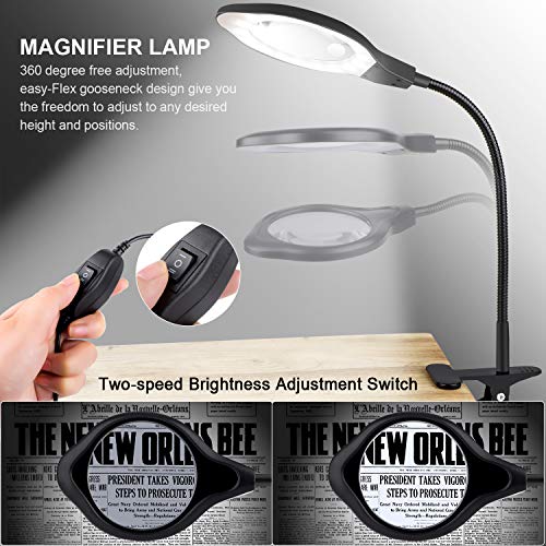 Dylviw Bright Light Desk Gooseneck Magnifier Lamp with Metal Large Clamp, Magnifying Glass with Adjustable Light for Daily Hobbies Repairing, Reading, Crafts