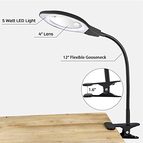 Dylviw Bright Light Desk Gooseneck Magnifier Lamp with Metal Large Clamp, Magnifying Glass with Adjustable Light for Daily Hobbies Repairing, Reading, Crafts