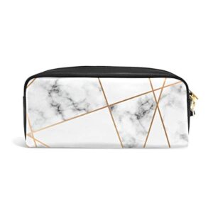 alaza cute pencil case white marble with gold geometric lines pen cases organizer pu leather comestic makeup bag make up pouch