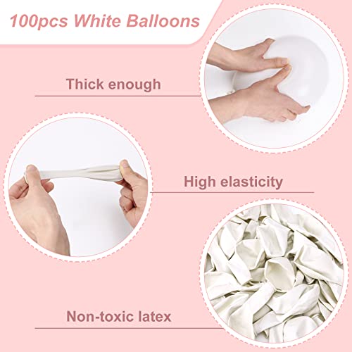 RUBFAC White Balloons Latex Party Balloons 100pcs 12 Inch Helium Balloons for Wedding Bridal Baby Shower Graduation Anniversary Birthday Bachelorette Party Decoration, White Ribbon