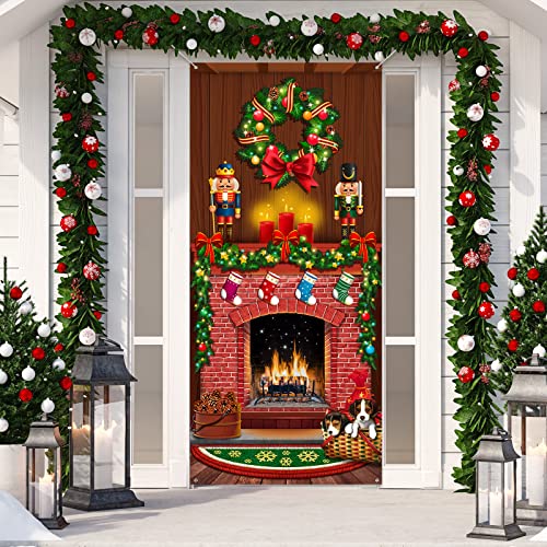 Merry Christmas Door Cover Christmas Fireplace Door Cover Backdrops Xmas Tree Printed Door Cover Banner Christmas Background Xmas Nutcracker Front Door Christmas Hanging Decorations, 6.5 x 3 Feet