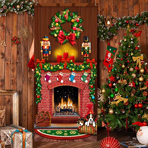 Merry Christmas Door Cover Christmas Fireplace Door Cover Backdrops Xmas Tree Printed Door Cover Banner Christmas Background Xmas Nutcracker Front Door Christmas Hanging Decorations, 6.5 x 3 Feet