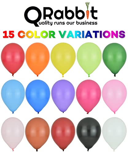 QRabbit (100 pcs 12") Premium Quality Extra Thick Latex Party Balloons for Helium or Air Use, 15 Assorted Bright Colors, Assorted Balloons, Rainbow Balloons for Kids/Adults Event Decoration