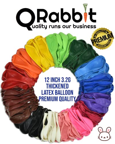 QRabbit (100 pcs 12") Premium Quality Extra Thick Latex Party Balloons for Helium or Air Use, 15 Assorted Bright Colors, Assorted Balloons, Rainbow Balloons for Kids/Adults Event Decoration