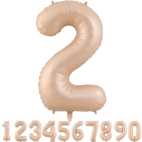 40 Inch Tan Light Brown Number 2 Balloons,Caramel Matte Beige Large Foil Helium Mylar Birthday Party Balloon 0-9 Champagne Color Nude Number (2) for Baby Shower Wedding Decorations