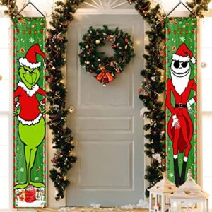 Grinch Christmas Decorations Jack and Grinch Xmas Porch Signs Hanging Banners for Winter Holiday Decor Home Indoor Outside Front Door Party Wall