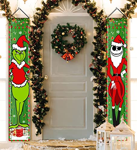 Grinch Christmas Decorations Jack and Grinch Xmas Porch Signs Hanging Banners for Winter Holiday Decor Home Indoor Outside Front Door Party Wall