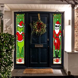 Grinch Christmas Decorations Jack and Grinch Xmas Porch Signs Hanging Banners for Winter Holiday Decor Home Indoor Outside Front Door Party Wall