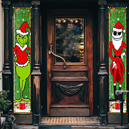 Grinch Christmas Decorations Jack and Grinch Xmas Porch Signs Hanging Banners for Winter Holiday Decor Home Indoor Outside Front Door Party Wall