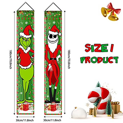 Grinch Christmas Decorations Jack and Grinch Xmas Porch Signs Hanging Banners for Winter Holiday Decor Home Indoor Outside Front Door Party Wall