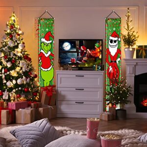 Grinch Christmas Decorations Jack and Grinch Xmas Porch Signs Hanging Banners for Winter Holiday Decor Home Indoor Outside Front Door Party Wall